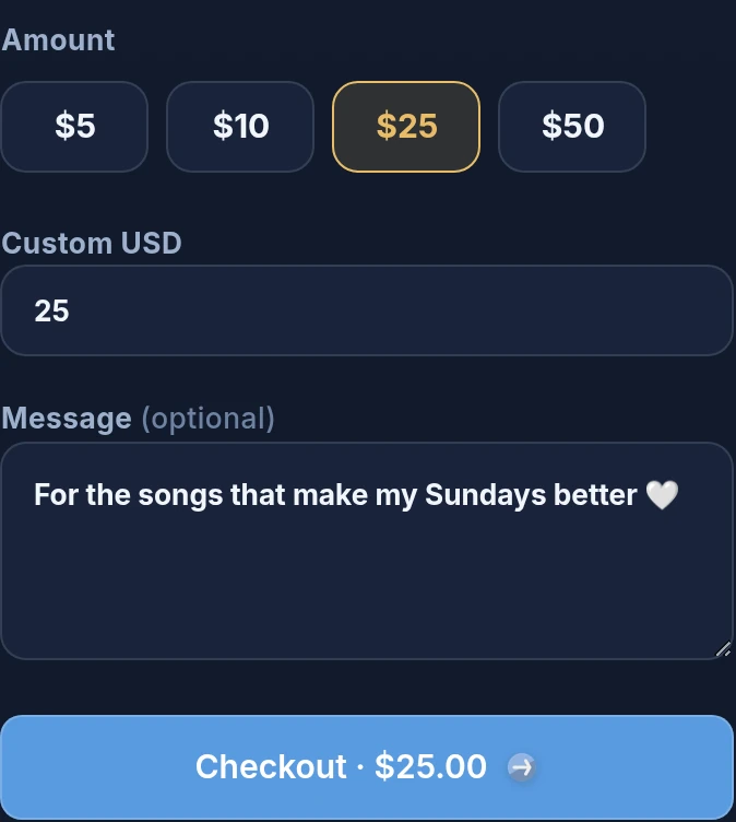 Example Rory checkout with a $25 gift and personal message